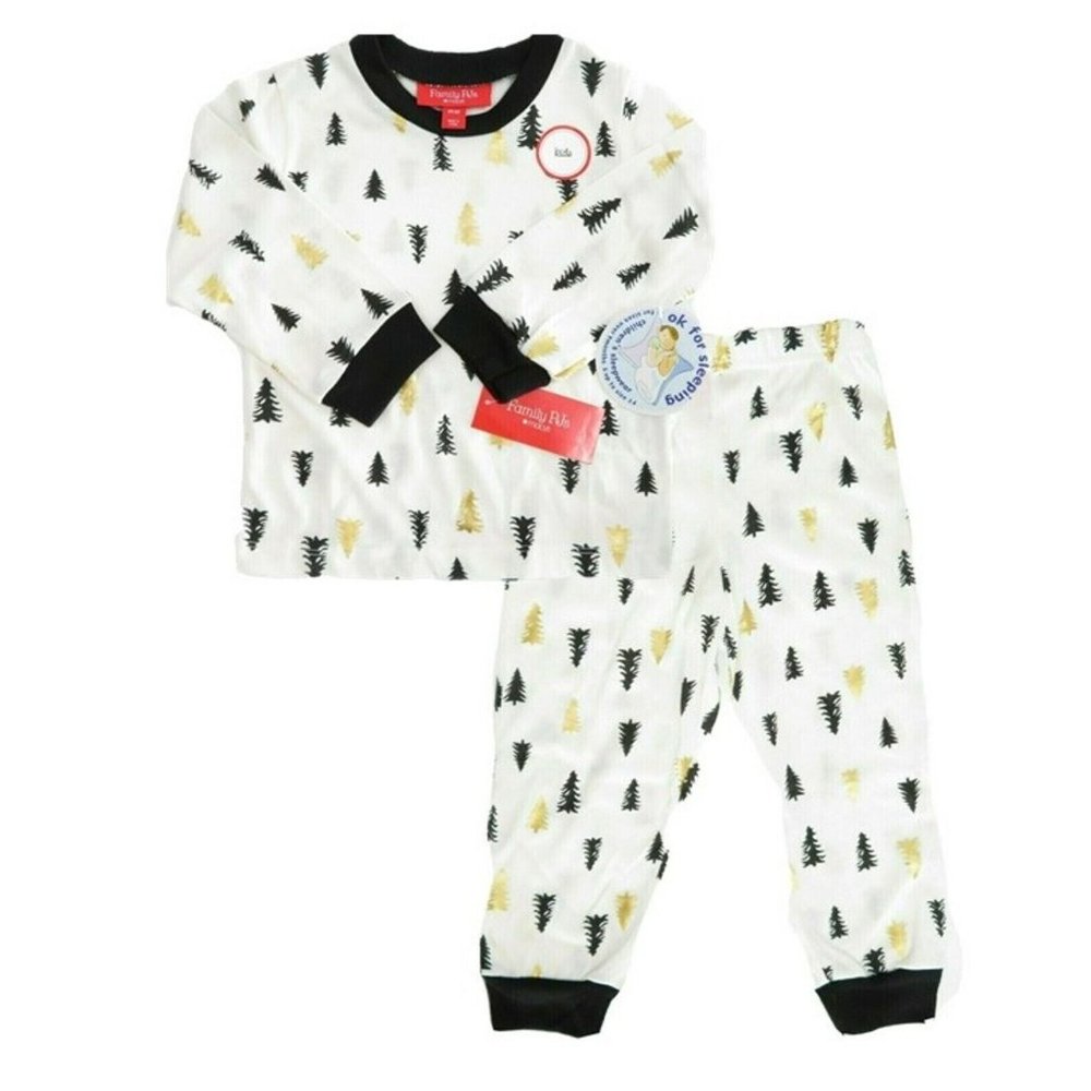 Family Matching Christmas Pajamas Set 2T-3T Kids Sleepwear White Gold/Black Tree
